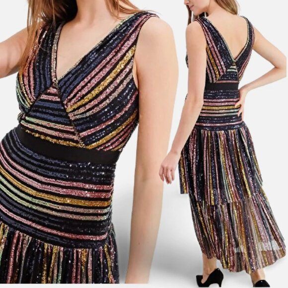 self-portrait Stripe Sequin Sleeveless Midi Dress US 0 / UK 4 New With Tags - Picture 1 of 14